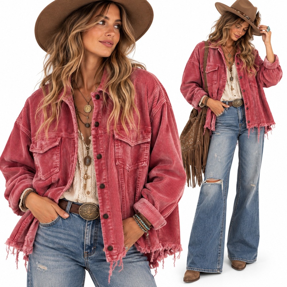 POL Womens M Red Corduroy Shacket Distressed Raw Hem Cropped Boho Western